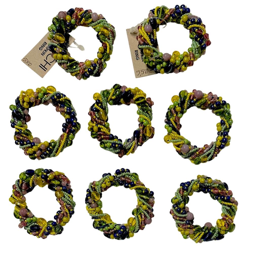 8- XOCHI Beaded Napkin Rings Green, Blue Yellow Purple, Pink New